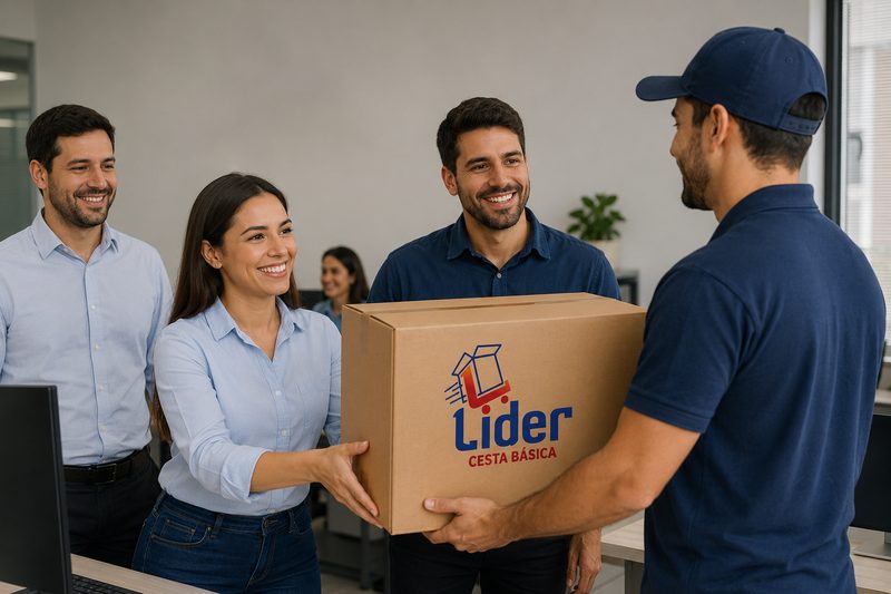 Equipe de empresa recebendo cesta básica no escritório